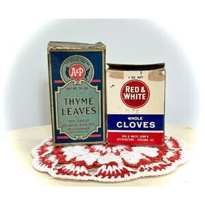 Vintage Spice Boxes - A&P Thyme + Red & White Cloves Plus MCM Crochet Hot Pad